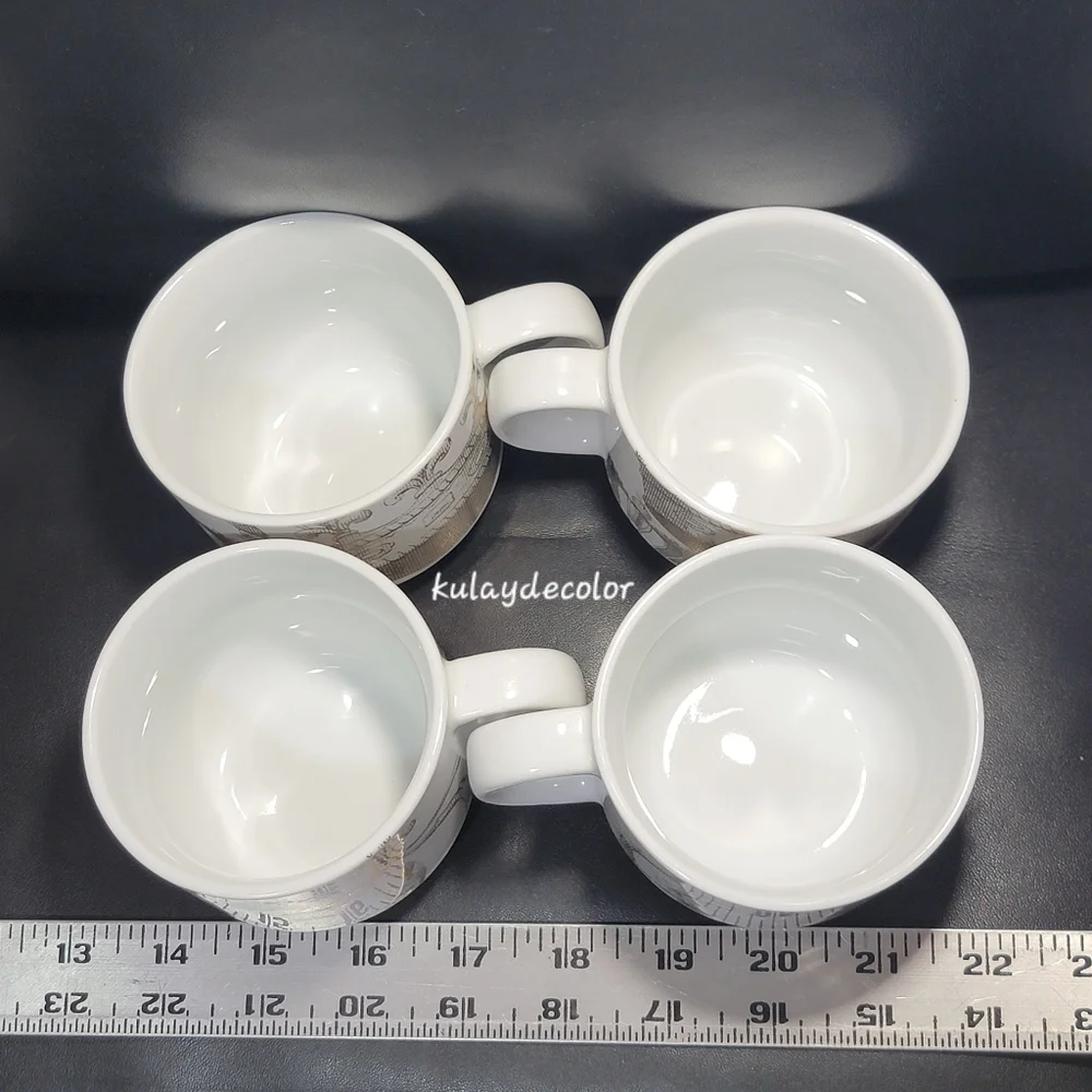Pier 1 Imports Gold Crown Print Stacking Mugs Set w/ Gold Metal Rack Coffee Cups